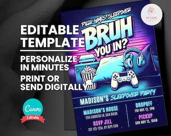 Bruh Sleepover Invite, Digital Template, Editable Party Invite, Instant Download, Printable Card