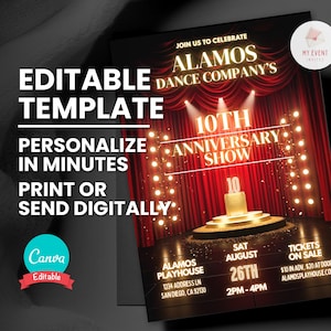Convite para cerimônia de premiação, convite para apresentação em palco de teatro, modelo editável, folheto para impressão, convite digital, download instantâneo