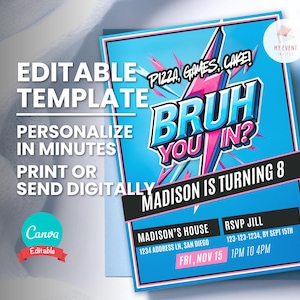 Bruh verjaardagsuitnodiging, beest verjaardag, elke leeftijd, elk thema, bewerkbare sjabloon, digitale feestuitnodiging, afdrukbare verjaardagskaart, Instant Download