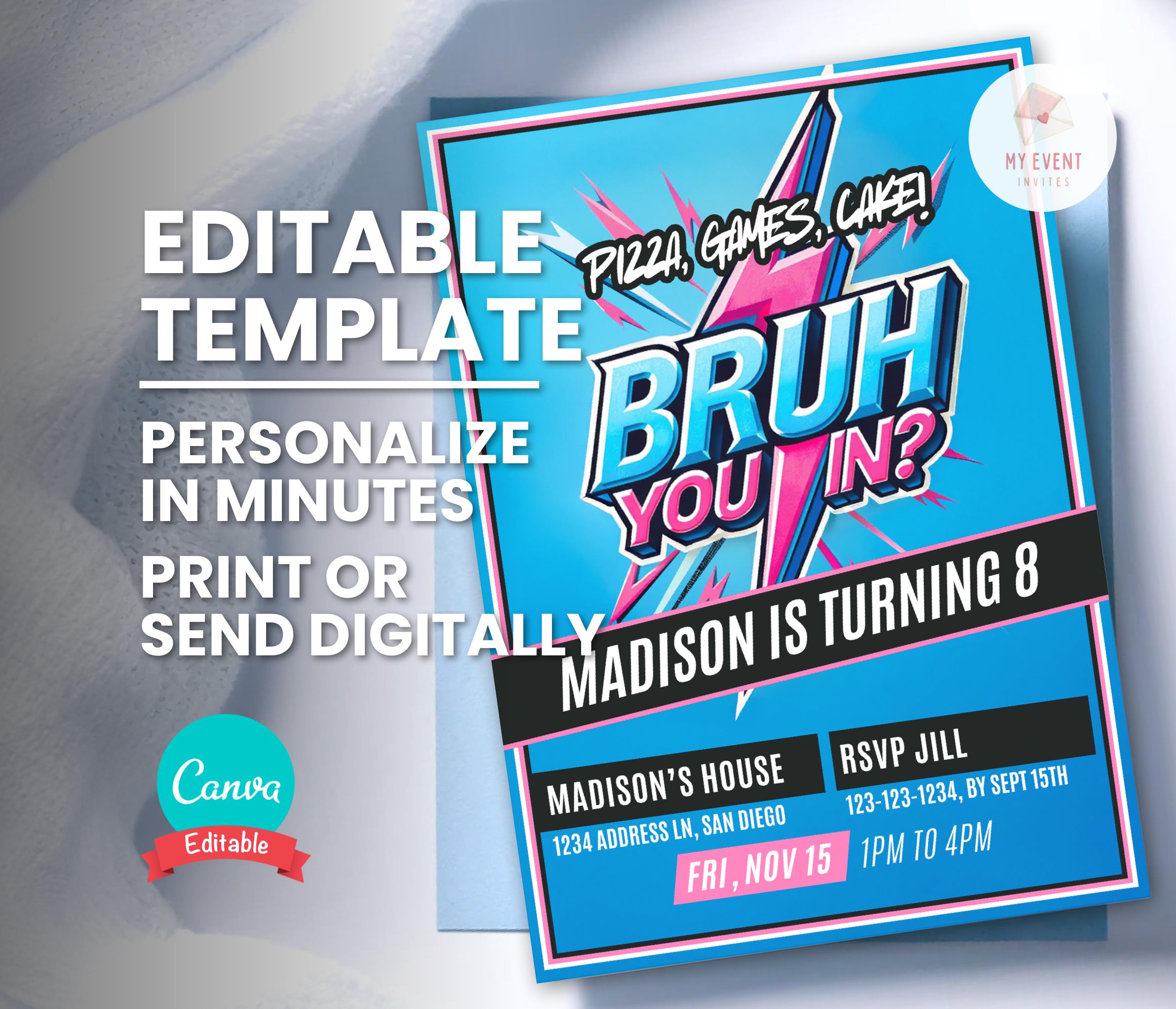 Bruh Birthday Invitation, Beast Birthday, Any Age, Any Theme, Editable Template, Digital Party Invite, Printable Bday Card, Instant Download