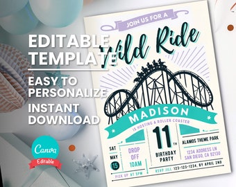 May include: Editable birthday party invitation template with a teal and purple colour scheme. The invitation features a cartoon roller coaster and the text "Join us for a Wild Ride". The text "Madison is hosting a roller coaster 11th Birthday Party" is also included. The invitation is for a party at Alamos Theme Park on 15th May at 10am.