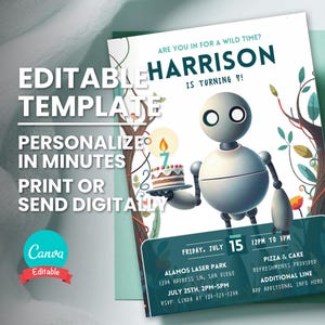 Faire-part d'anniversaire robot, invitation à une fête robot, âge de la bougie modifiable, modèle numérique, carte d'anniversaire imprimable, texte Eviter, téléchargement immédiat