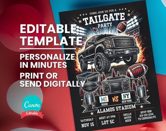 May include: Editable template for a tailgate party invitation. The invitation features a black pickup truck, footballs, and a grill. The text on the invitation reads "Come join us for a tailgate party", "MI vs NY", "Alamos Stadium", "Saturday Nov 15", "Meet at 2pm Lot 5C", "Grills Music Beer", and "RSVP Bob 123-123-1234 to coordinate".