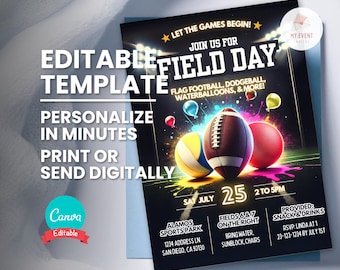 Invitación para el Día de Campo, Invitación Deportiva, Volante del Día de Campo, Plantilla Editable, Tarjeta Electrónica Digital de Evite, Volante Imprimible, Descarga Instantánea