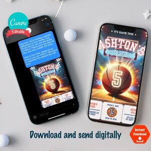 Puede incluir: Una invitaci&oacute;n digital para una fiesta de cumplea&ntilde;os con tem&aacute;tica de baloncesto. La invitaci&oacute;n presenta una pelota de baloncesto con el n&uacute;mero 5, una canasta de baloncesto y el texto "Ashton's Turning 5". La invitaci&oacute;n tambi&eacute;n incluye un dise&ntilde;o de estilo boleto con la fecha, la hora y la informaci&oacute;n de RSVP.