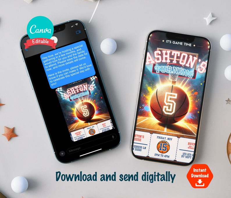 Puede incluir: Una invitaci&oacute;n digital para una fiesta de cumplea&ntilde;os con tem&aacute;tica de baloncesto. La invitaci&oacute;n presenta una pelota de baloncesto con el n&uacute;mero 5, una canasta de baloncesto y el texto "Ashton's Turning 5". La invitaci&oacute;n tambi&eacute;n incluye un dise&ntilde;o de estilo boleto con la fecha, la hora y la informaci&oacute;n de RSVP.