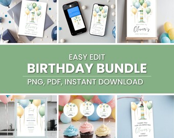 May include: Editable birthday party printable bundle featuring a lighthouse and balloons in shades of blue, green, and yellow. The bundle includes a welcome sign, invitation, thank you tag, cupcake toppers, and a food sign. The text on the sign reads "Welcome to Oliver's First Birthday".