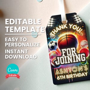 Étiquette de remerciement pour fête sportive, fête d'anniversaire sportive ou fête de la montre, décoration cadeau sport, modèle de remerciement modifiable, étiquette de sac cadeau imprimable