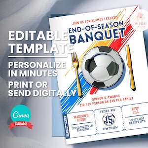 Soccer Banquet Invitation, Editable Theme Soccer Banquet Invite, Sport Team Dinner Party, Digital Template, Printable Flyer Instant Download