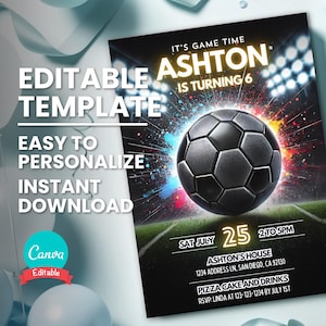 Fußball-Einladung für Fußball-Geburtstagsspiel oder Spiel, Jugend-Fußball-Party einladen, bearbeitbare digitale Vorlage, druckbarer Flyer, Sofort-Download