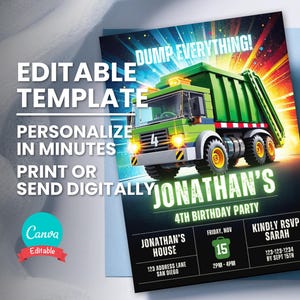 Convite de aniversário de caminhão de lixo, idade de caminhão de lixo editável, convite para despejar tudo, modelo digital, cartão de aniversário para impressão, download instantâneo