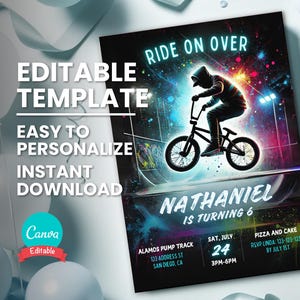 Invitation de fête d'anniversaire de BMX pour la fête de course de vélo, carte d'invitation de course de BMX pour adolescents, piste de vélo de BMX, modèle numérique imprimable, téléchargement immédiat