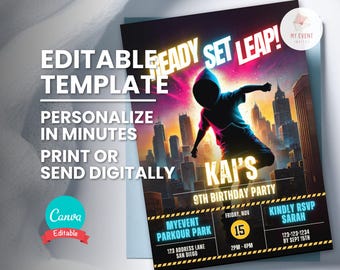 Parkour Birthday Invitation, City Rooftop Party Invite, Editable Canva Template, Digital Printable Card, Instant Download