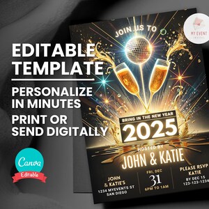 Invito di Capodanno, invito alla festa di Capodanno, modello digitale modificabile, invito senza carta, volantino stampabile, download immediato