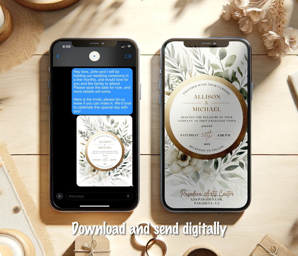 Elegant Gold Ring Wedding Invitation With Green Leaves (digital ...