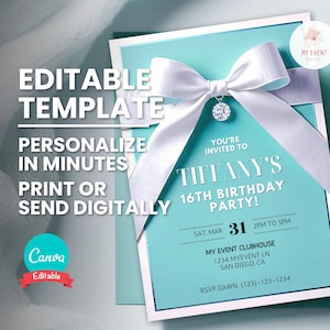 Tiffany verjaardagsuitnodiging, bewerkbare sjabloon elke leeftijd, luxe feestuitnodiging, afdrukbare verjaardagskaart, digitale elektronische Evite Instant Download