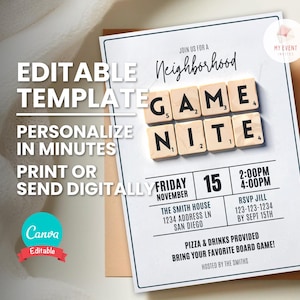 Faire-part pour une soirée jeux, une invitation à une fête de jeu de société pour un événement familial de quartier et d'école, modèle modifiable, flyer imprimable, téléchargement immédiat