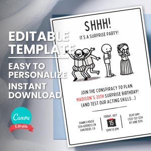 Faire-part d'anniversaire surprise, modèle modifiable à tout âge, testez nos talents d'acteur, invitation électronique, carte d'anniversaire imprimable, téléchargement immédiat