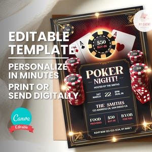 Poker-Einladung, Kasino-Spielabend-Party einladen für Geburtstag oder Freunde, bearbeitbare digitale Vorlage, druckbare Kartenflyer, sofortiger Download