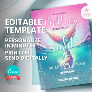 Faire-part de fête de sirène, invitation d'anniversaire de queue de sirène d'âge modifiable, modèle numérique, Eviter sans papier, carte d'anniversaire imprimable téléchargement immédiat