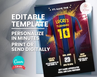 Printable Soccer Birthday Invitation, Red Blue Jersey Party Invite, Editable Kids Template, Personalize Name Age Number, Instant Download