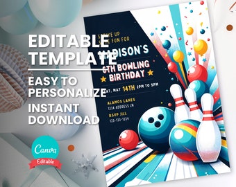 May include: Editable bowling birthday party invitation template with a blue, red, and yellow bowling ball and pins on a black and white striped background. The text on the invitation reads "Strike Up Some Fun For [Name]'s 6th Bowling Birthday", "Sat. May 14th 2PM to 5PM", "Alamos Lanes 1234 Address Ln", "RSVP Jill 123-123-1234".