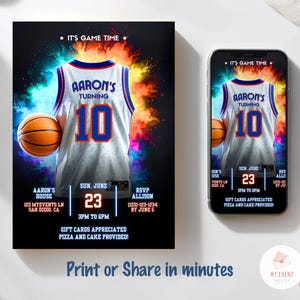 May include: A basketball-themed birthday party invitation with a colorful background and a basketball jersey with the text "Aaron's Turning 10". The invitation includes details such as the date, time, location, and RSVP information.