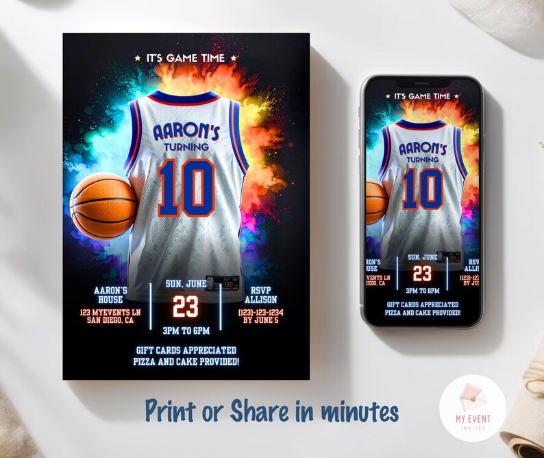 May include: A basketball-themed birthday party invitation with a colorful background and a basketball jersey with the text "Aaron's Turning 10". The invitation includes details such as the date, time, location, and RSVP information.