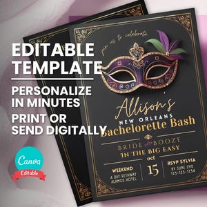 Invitación para despedida de soltera en Nueva Orleans, invitación para fiesta de máscaras de despedida de soltera, plantilla digital editable, tarjeta imprimible, descarga instantánea