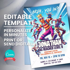 Convite de aniversário de jogador, convite para festa de aniversário de irmão, convite para festa de videogame, modelo digital editável, download instantâneo, cartão de aniversário para impressão