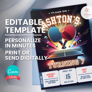Invitación de cumpleaños de tenis de mesa, invitación con boleto de ping pong, plantilla digital editable para cualquier edad, descarga instantánea, tarjeta de fiesta de cumpleaños imprimible