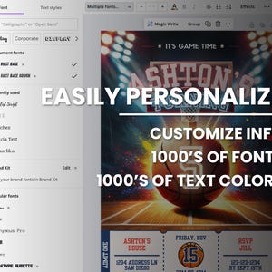 Puede incluir: Una plantilla de invitaci&oacute;n con tem&aacute;tica de baloncesto con un gr&aacute;fico de baloncesto, texto que dice "Es hora de jugar", y las palabras "PERSONALIZAR F&Aacute;CILMENTE" e "INFORMACI&Oacute;N PERSONALIZADA" en fuente grande y negrita. La plantilla tambi&eacute;n incluye texto que dice "1000 fuentes" y "1000 colores de texto".