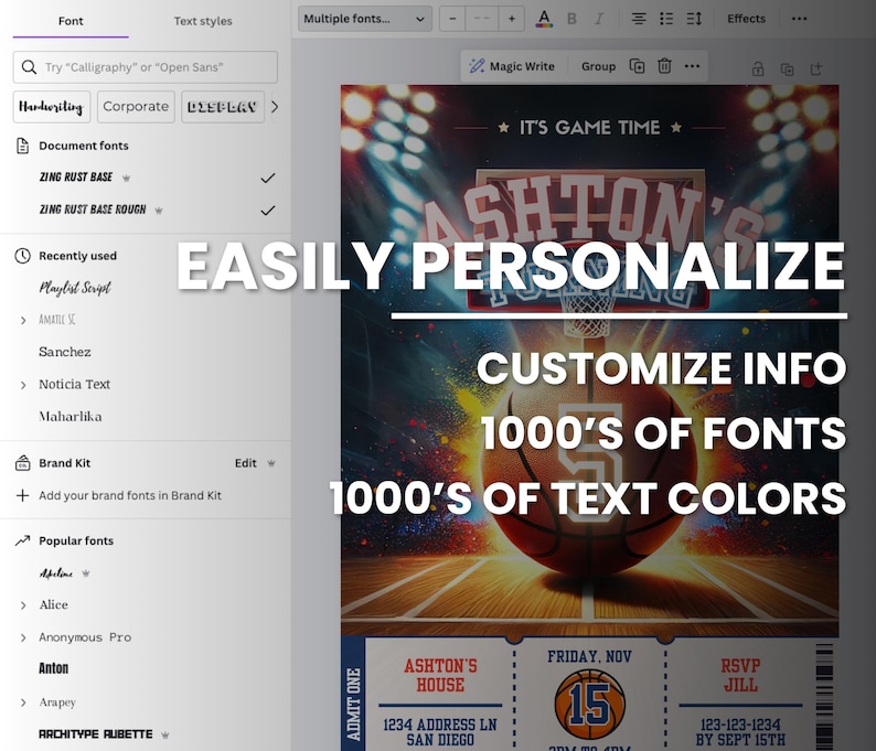 Puede incluir: Una plantilla de invitaci&oacute;n con tem&aacute;tica de baloncesto con un gr&aacute;fico de baloncesto, texto que dice "Es hora de jugar", y las palabras "PERSONALIZAR F&Aacute;CILMENTE" e "INFORMACI&Oacute;N PERSONALIZADA" en fuente grande y negrita. La plantilla tambi&eacute;n incluye texto que dice "1000 fuentes" y "1000 colores de texto".