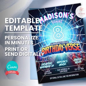 Convite de aniversário de aranha, convite para festa de aranha para qualquer idade, modelo editável, cartão de aniversário para impressão, folheto digital sem papel, download instantâneo