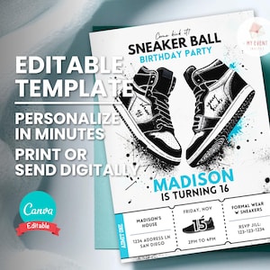 Convite para baile de tênis, convite para festa de aniversário com tênis de grafite, modelo editável, cartão para impressão, Evite digital, download instantâneo
