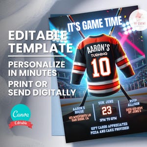 Faire-part d'anniversaire hockey, maillot de hockey d'âge modifiable, invitation à une fête d'anniversaire de hockey pour enfant, modèle numérique, carte imprimable, téléchargement immédiat
