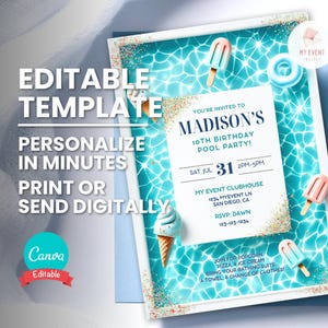 May include: A pool party invitation template with a turquoise water background, featuring popsicle and ice cream cone illustrations. The invitation includes the text "Madison's 10th Birthday Pool Party!" and "Print or Send Digitally."