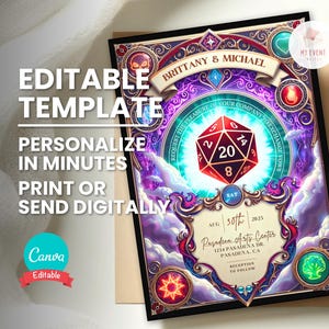 Convite de casamento mágico, convite de casamento TCG, modelo digital editável para jogo de tabuleiro D20, folheto para impressão, cartão Evite digital para download instantâneo