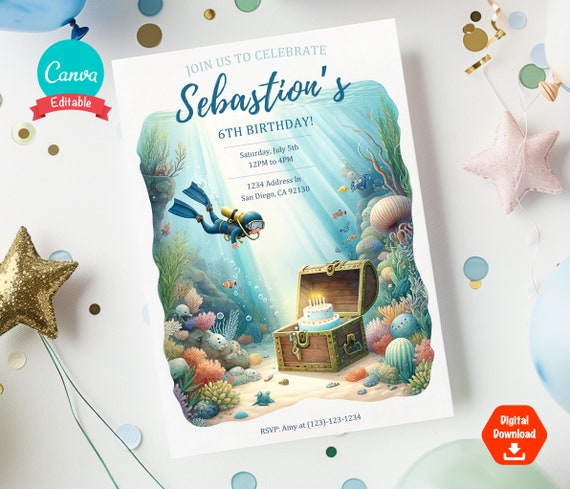 Scuba Diver Birthday Party Invitation Underwater Treasure Theme Instant Download Under the Sea Birthday Invite, Editable Printable Evite