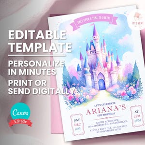 Invitation d'anniversaire princesse, faire-part de fête château princesse conte de fées, modèle modifiable, evite numérique, carte imprimable téléchargement immédiat