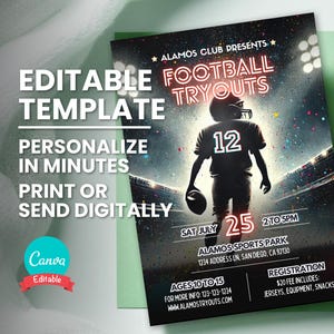 Uitnodiging voetbaltry-out, uitnodiging voetbalwedstrijd of wedstrijd, bewerkbare digitale sjabloon, afdrukbare flyer, mobiele telefoon Evite, Instant Download