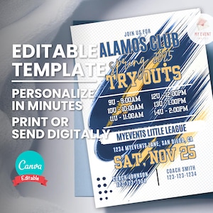 Tryout Invitation, Any Sport Team League or Association Invite, Navy Gold Editable Template, Printable Flyer, Digital Evite Instant Download