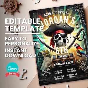 Faire-part pirate pour une fête d'anniversaire pirate, Flyer d'anniversaire modifiable sur le thème des pirates, téléchargement numérique instantané, modèle imprimable