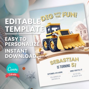 Cartão de convite de aniversário de construção para convite de festa de aniversário de construção, panfleto de aniversário de veículo de construção de escavadeira, escavadeira e trator