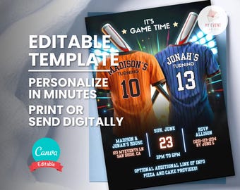 Joint Baseball Softball Birthday Invitation, Editable Jersey Age, Digital Template, Printable Card, Instant Download