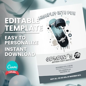 Skateboard Birthday Party Invite for Kid Skateboarding Party Invitation for Teen Skatepark Birthday Party Invite Template Instant Download