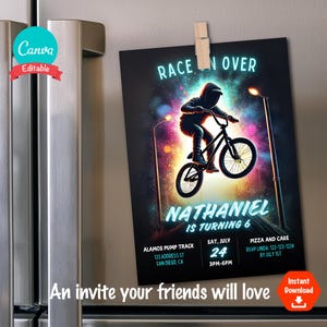 May include: A birthday party invitation with a silhouette of a person riding a BMX bike in front of a colorful galaxy background. The text "Race On Over" is at the top of the invitation. The invitation is for Nathaniel's 6th birthday party. The party will be held at the Alamos Pump Track on July 24th from 3pm to 6pm.