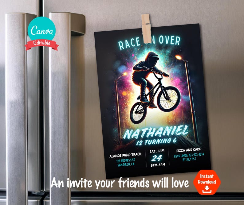 May include: A birthday party invitation with a silhouette of a person riding a BMX bike in front of a colorful galaxy background. The text "Race On Over" is at the top of the invitation. The invitation is for Nathaniel's 6th birthday party. The party will be held at the Alamos Pump Track on July 24th from 3pm to 6pm.