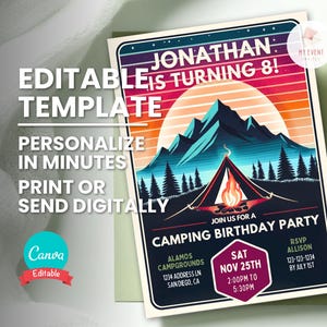 Camping Geburtstagseinladung, Outdoor Woods Party einladen, Lagerfeuer, bearbeitbare Vorlage, digitale Evite, druckbare Geburtstagskarte, sofortiger Download