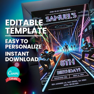 Bearbeitbare Laser Tag-Geburtstags-Einladung für futuristische Geburtstagsfeier-Einladung für Teen Virtuelle Realität Geburtstagsfeier Lasertag Geburtstagsfeier